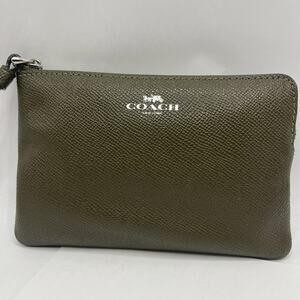 COACH Greenish Brown Crossgrain Leather Corner Zip WRISTLET Wallet